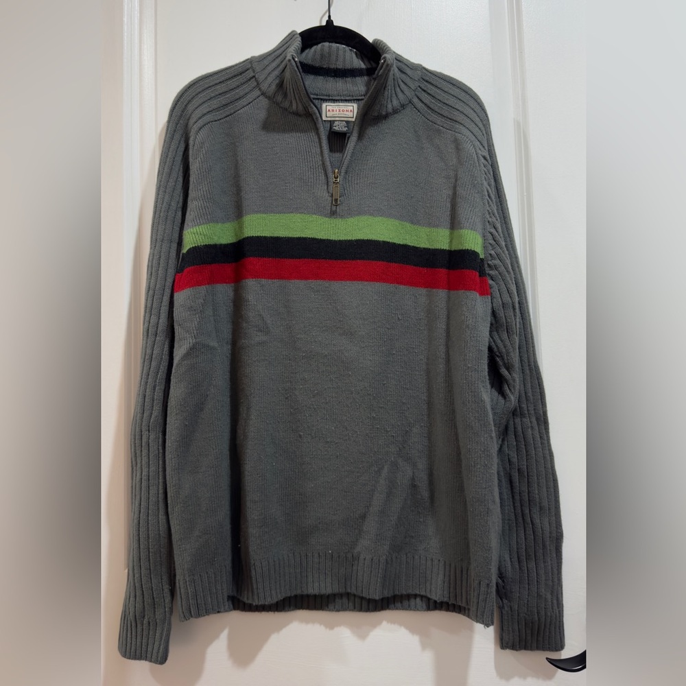 Vtg Y2K Arizona 1/4 Zip Gray Sweater w Colorful Stripe Center